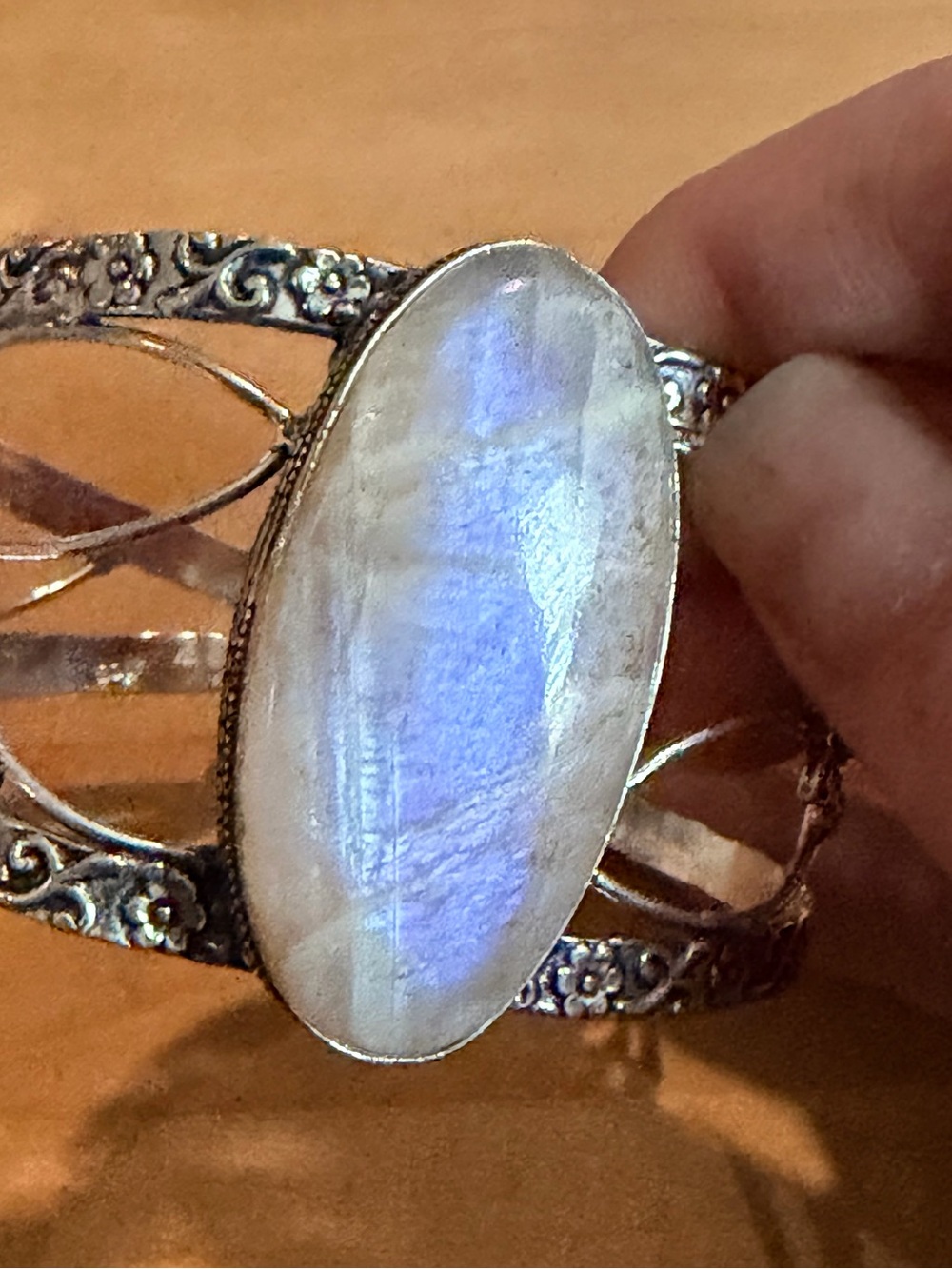 Beautiful Flashy Blue Moonstone Oval Cuff Bracelet - 925 Plated/Stamped